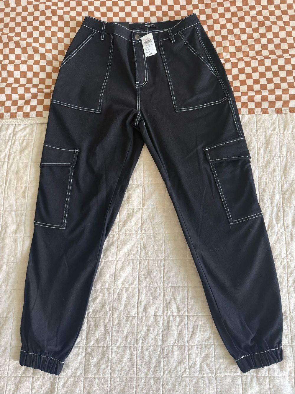 American Bazi Black Cargo Joggers with White Contrast Stitching